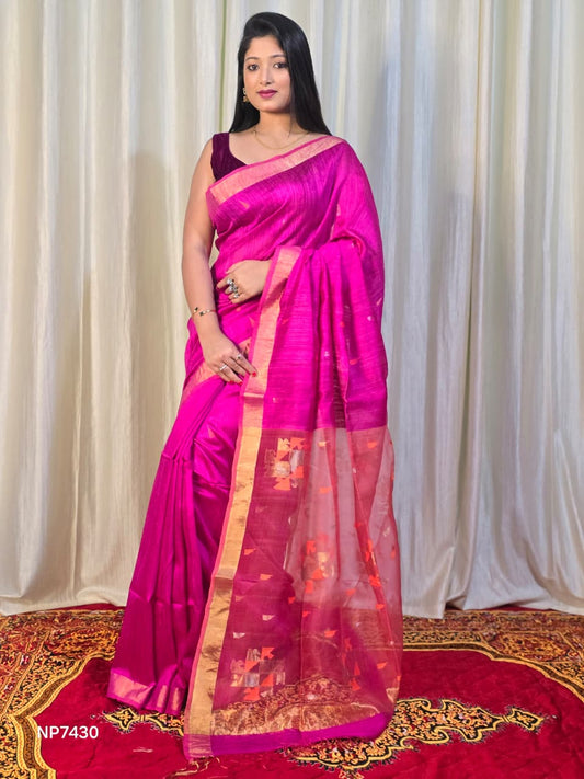 Pure Matka Jamdani Handwoven Saree In Deep Pink - 168