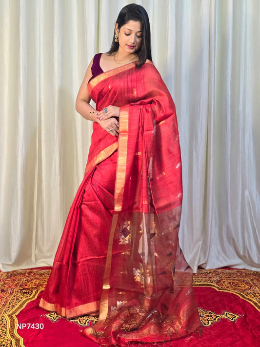 Pure Matka Jamdani Handwoven Saree In Ruby Red - 163