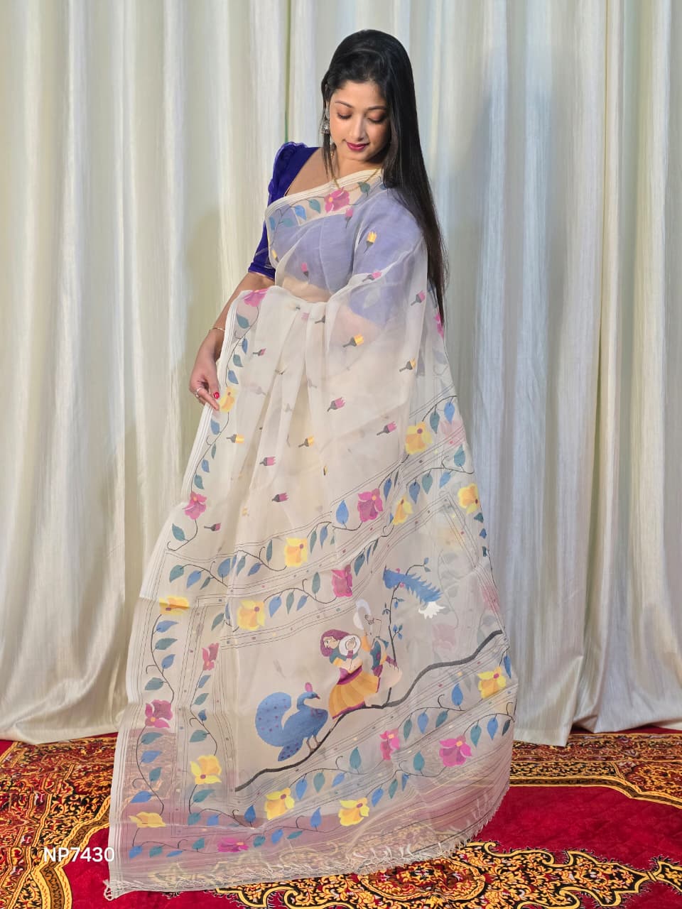 Pure Tantuj Muslin Jamdani Needle Work Handwoven Saree In Snow White - 169