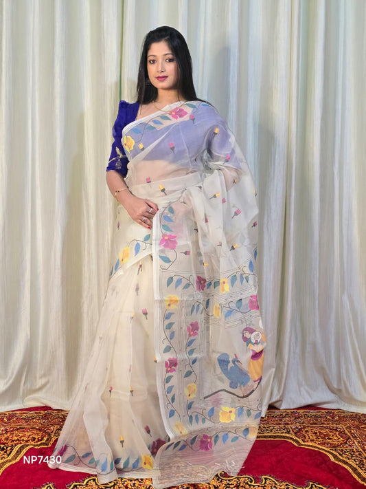 Pure Tantuj Muslin Jamdani Needle Work Handwoven Saree In Snow White - 169