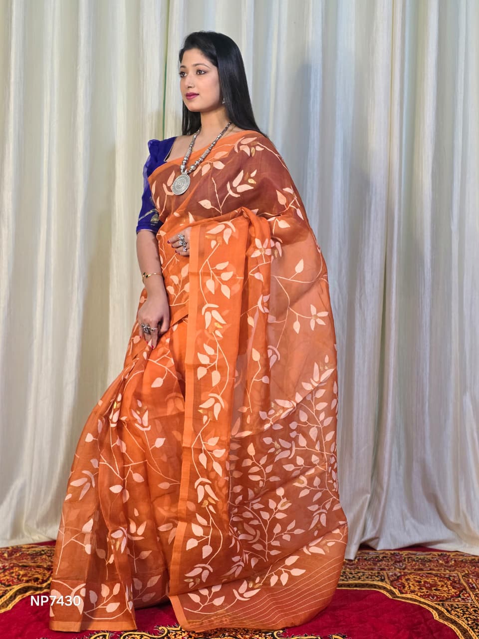 Pure Tantuj Muslin Jamdani Needle Work Handwoven Saree In Fire Orange - 170