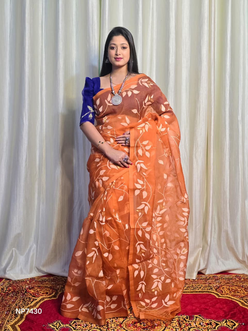 Pure Tantuj Muslin Jamdani Needle Work Handwoven Saree In Fire Orange - 170