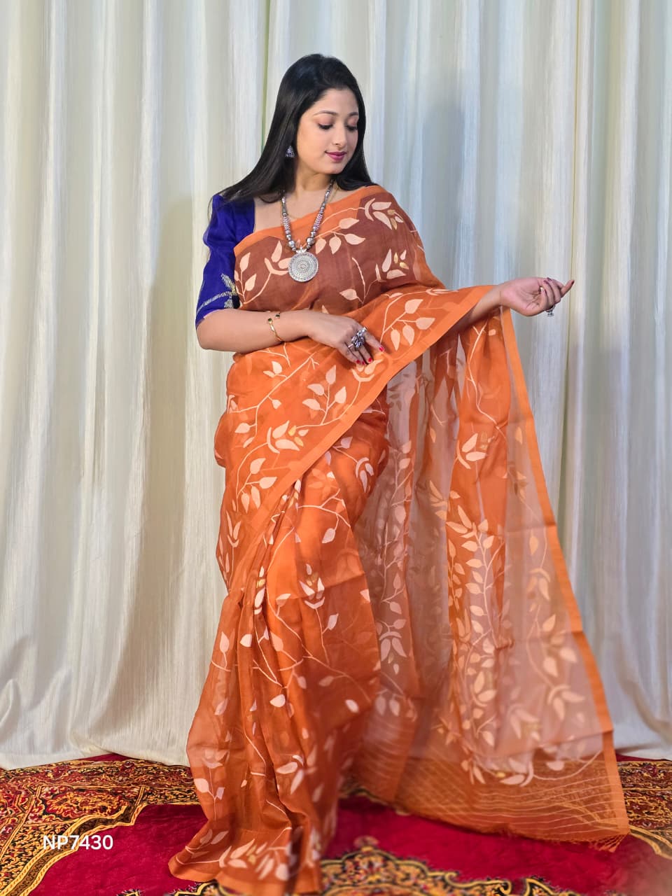 Pure Tantuj Muslin Jamdani Needle Work Handwoven Saree In Fire Orange - 170