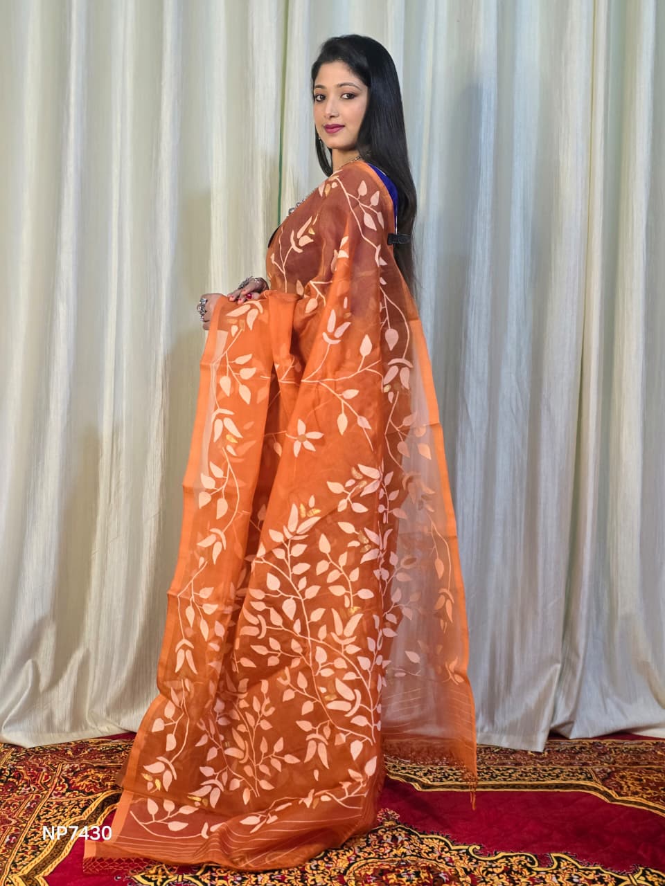 Pure Tantuj Muslin Jamdani Needle Work Handwoven Saree In Fire Orange - 170