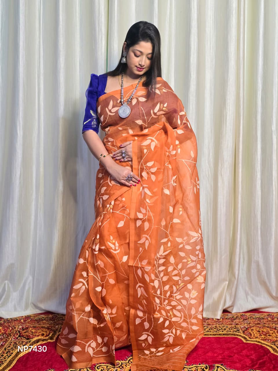 Pure Tantuj Muslin Jamdani Needle Work Handwoven Saree In Fire Orange - 170