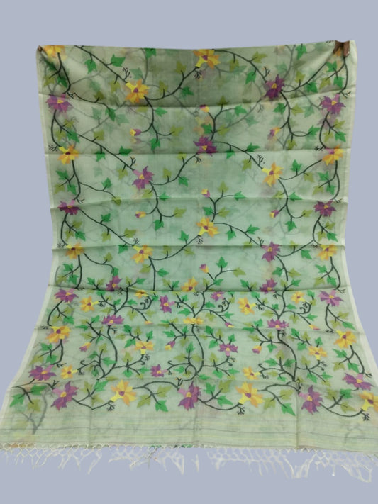 Handwoven Pure Jamdani Cotton Saree  |  Sage Green
