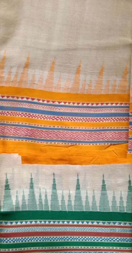 Beige & Orange, Handloom Vidarbha Tussar Silk Saree with Multicolor Contrast Border-022 - indeloom