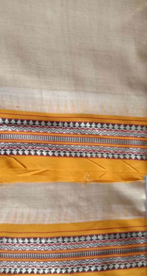 Beige & Orange, Handloom Vidarbha Tussar Silk Saree with Multicolor Contrast Border-024 - indeloom