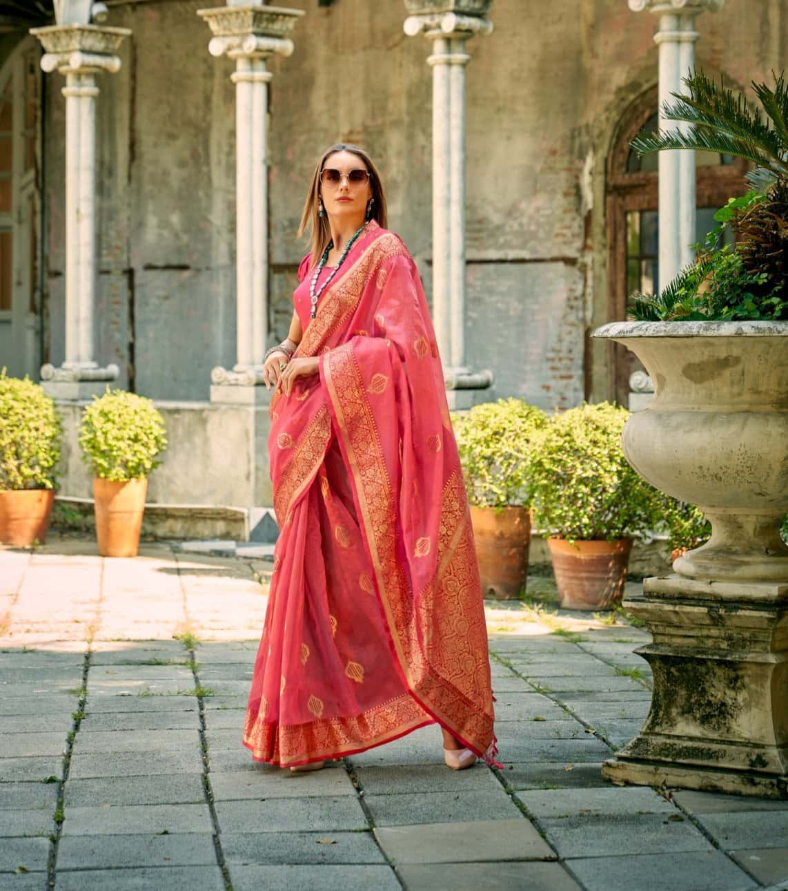 Durga Puja Saree with Pink Orange and Golden Border-062 - indeloom