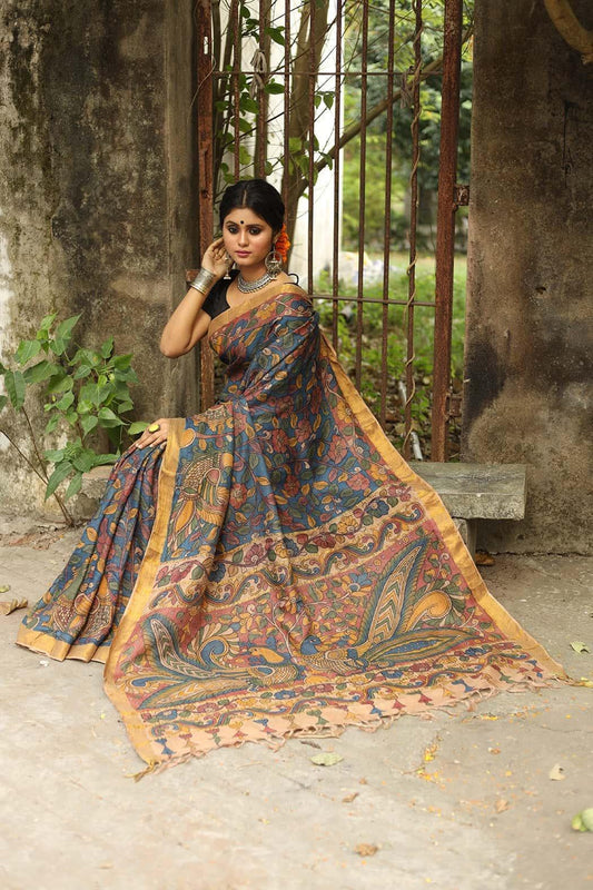 Traditional Handpainted Pen Kalamkari Tussar Silk Saree  |  Taupe Grey