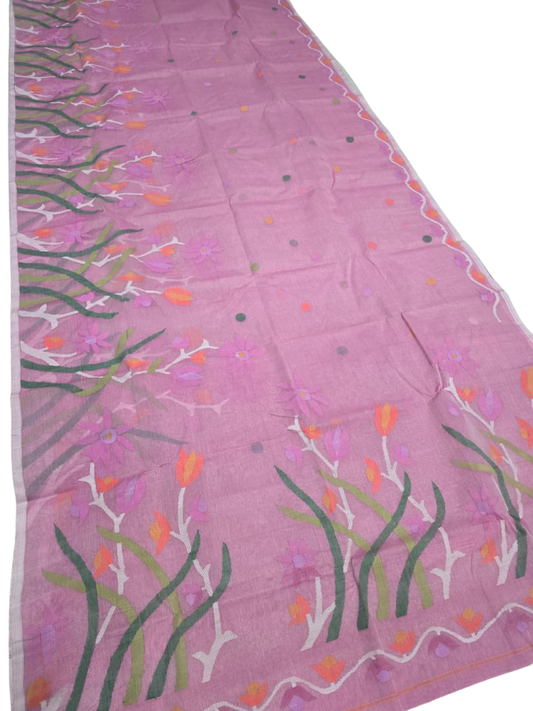Indeloom's rose handwoven jamdani Silk Sarees