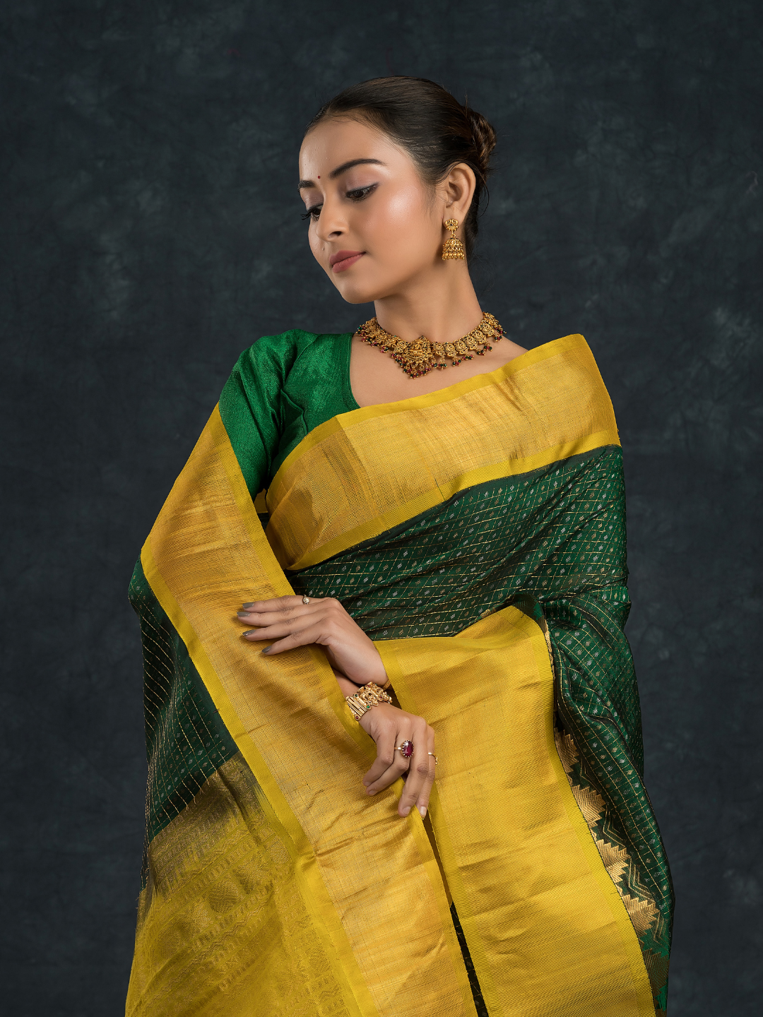 Pure Handloom Korvai Saree | Lakshadeepam  | Forest Green & Yellow