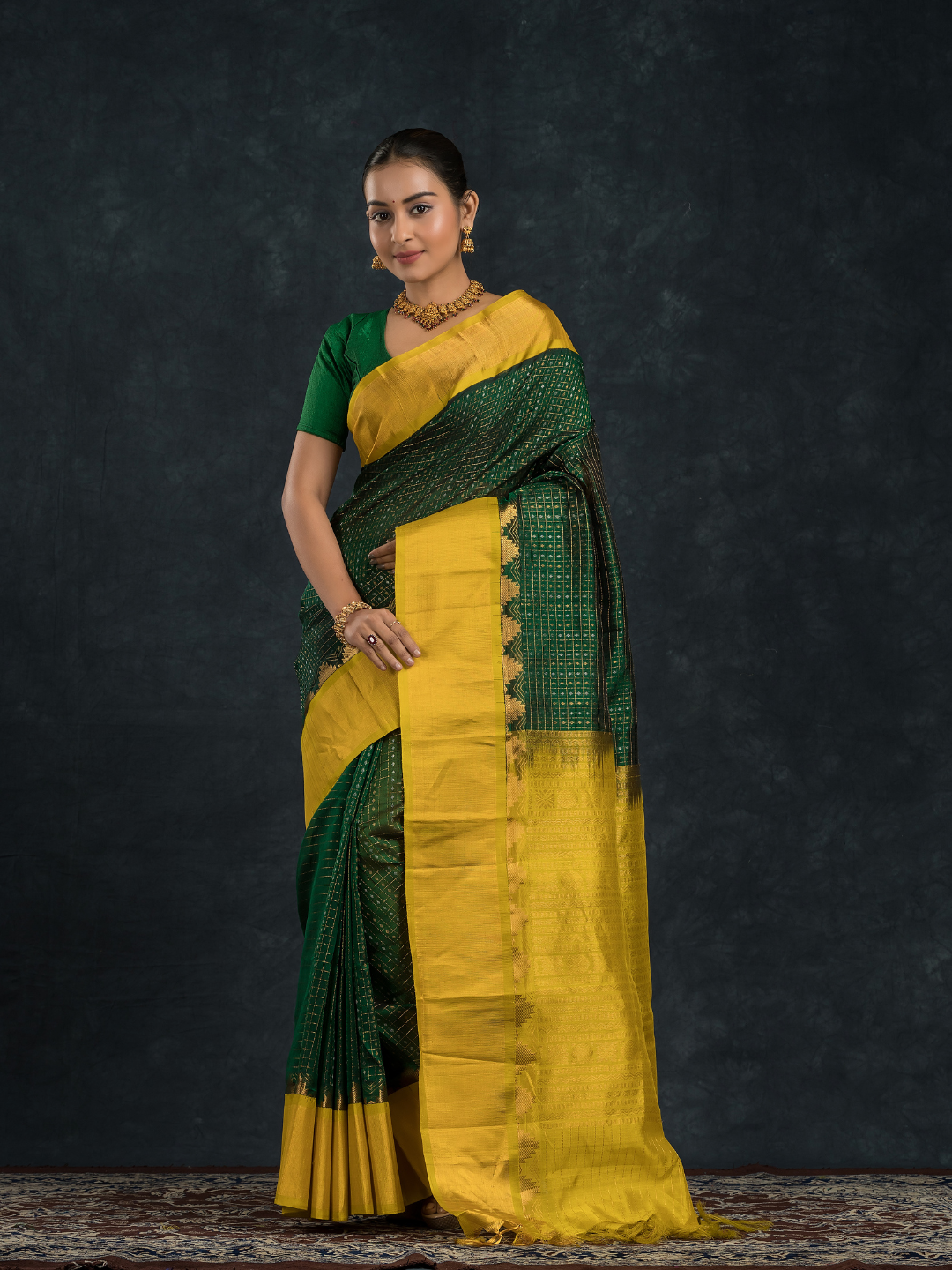Pure Handloom Korvai Saree | Lakshadeepam  | Forest Green & Yellow