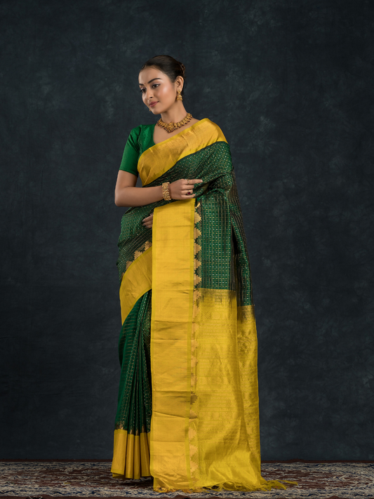 Pure handloom Korvai Lakshadeepam Saree in Forest Green & Yellow Border - 111