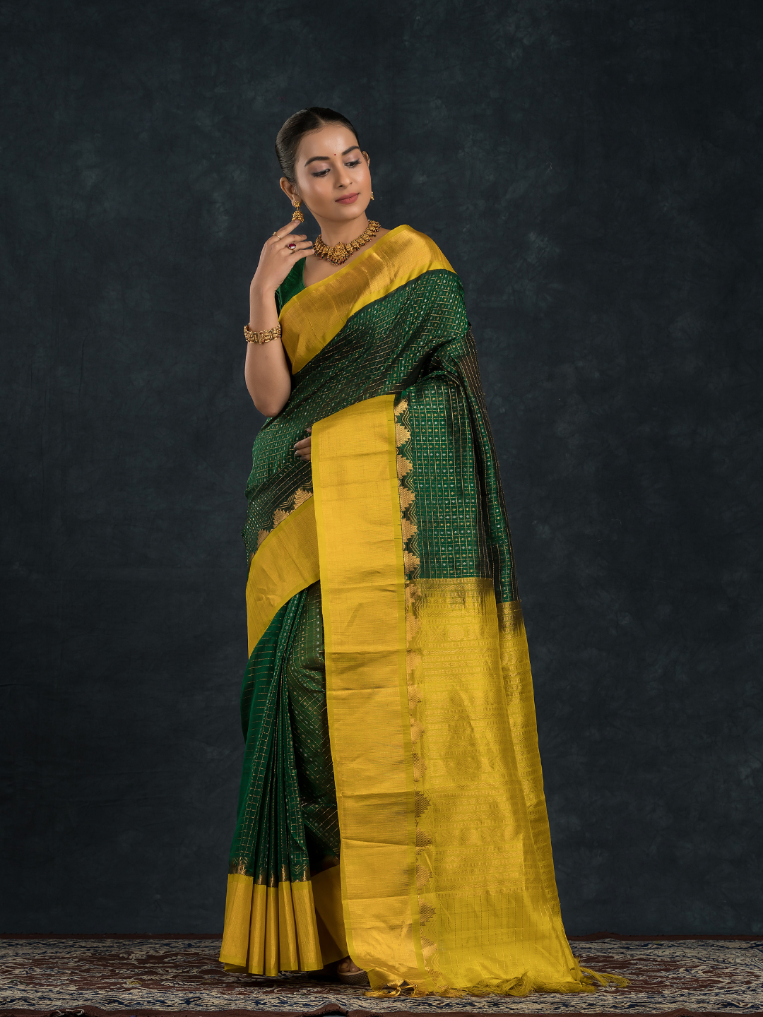 Pure Handloom Korvai Saree | Lakshadeepam  | Forest Green & Yellow