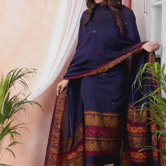 Midnight Blue | Handloom Jamdani Muslin Unstitched 2-Piece Kurti | Baluchari Design