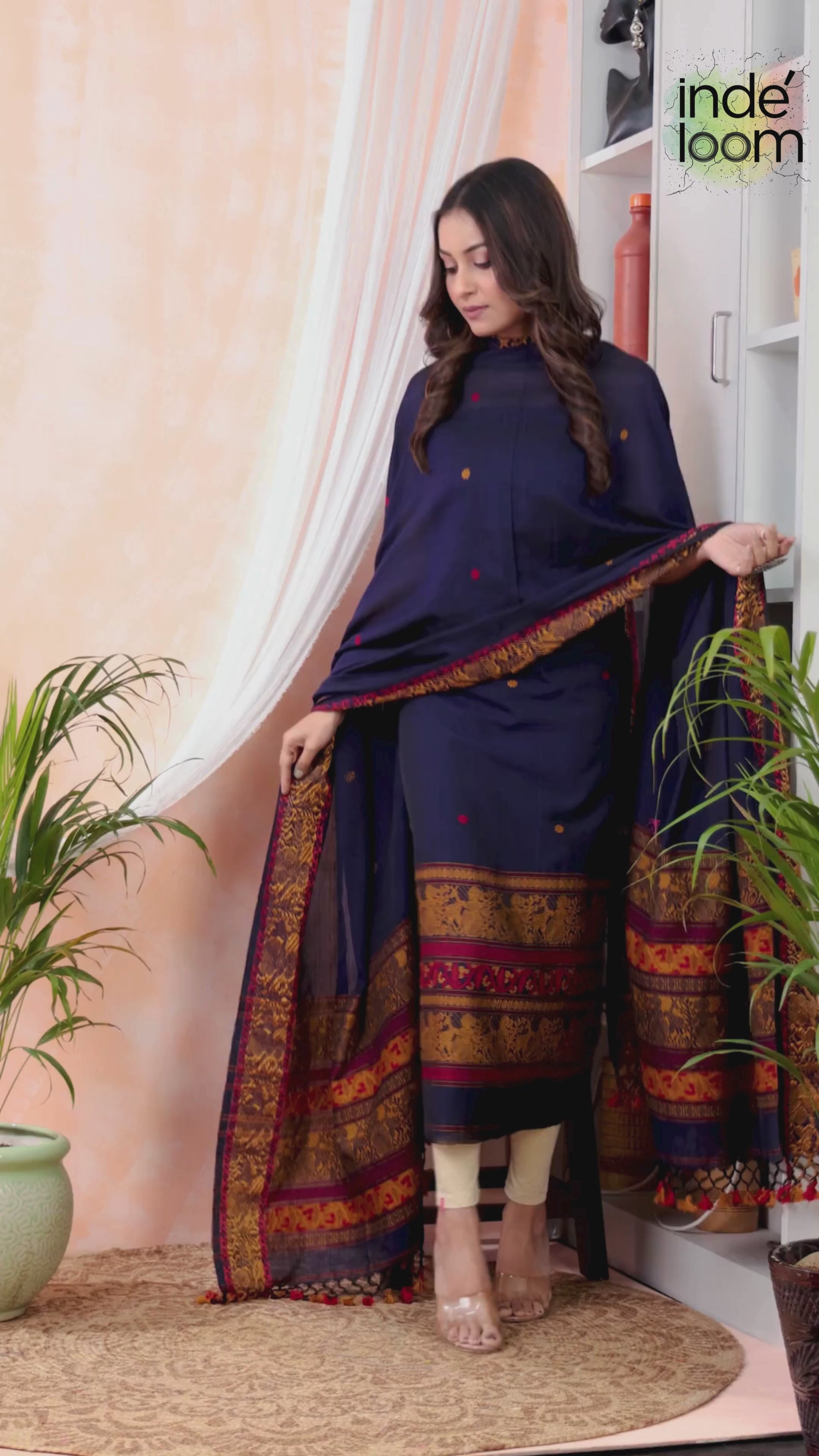 Midnight Blue | Handloom Jamdani Muslin Unstitched 2-Piece Kurti | Baluchari Design