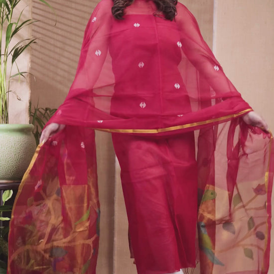 Persian Red | Handloom Jamdani Muslin Unstitched 2-Piece Kurti | Paithani Design