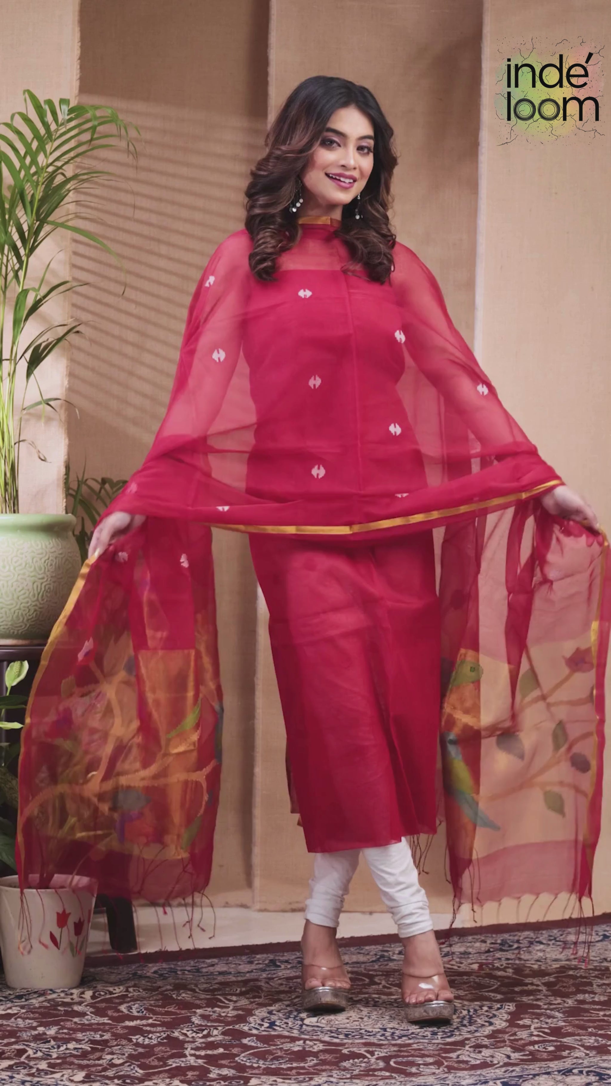 Persian Red | Handloom Jamdani Muslin Unstitched 2-Piece Kurti | Paithani Design