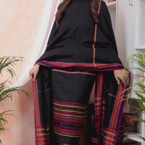 True Black | Handloom Jamdani Muslin Unstitched 2-Piece Kurti | Bhujodi Design