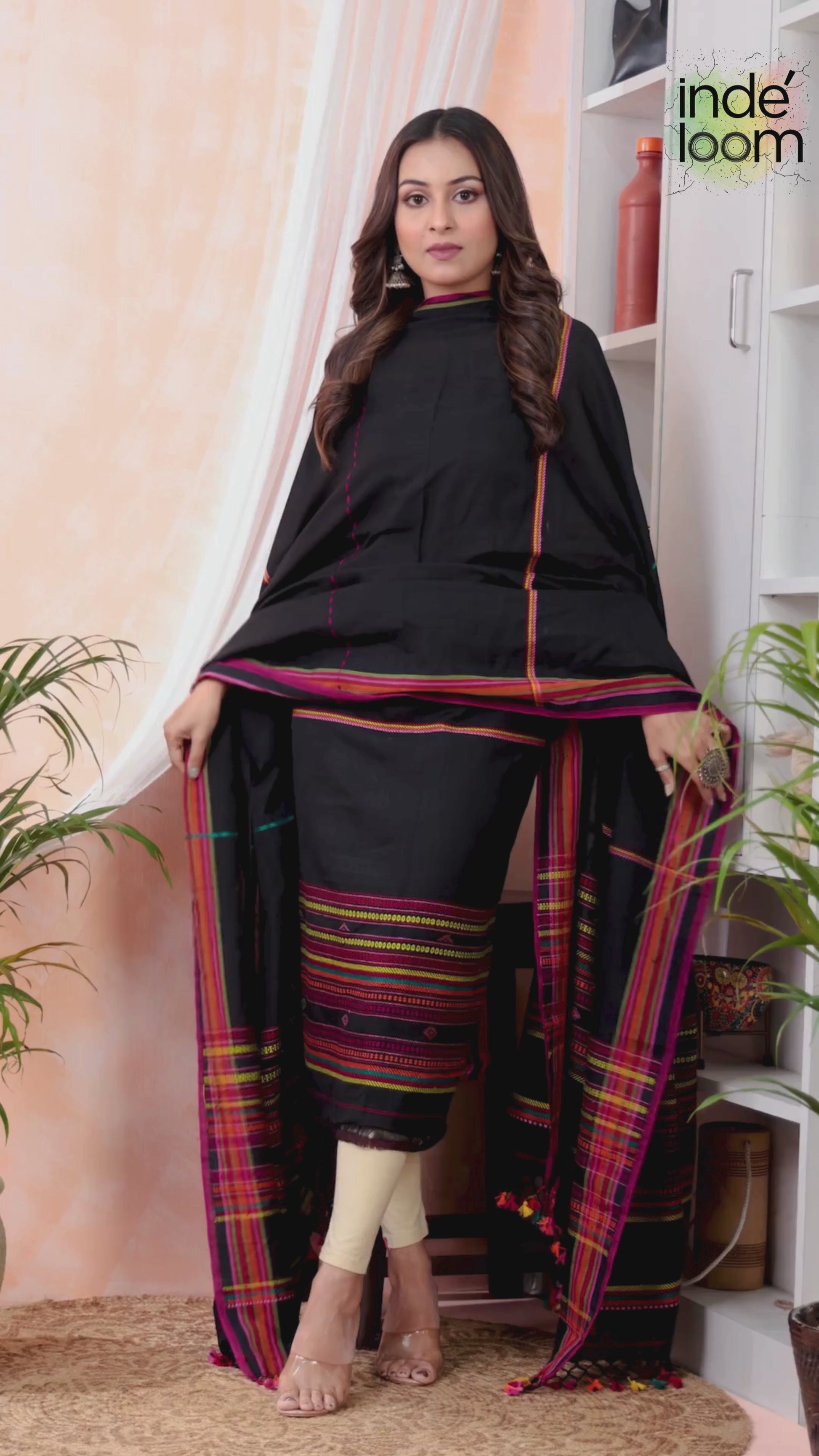 True Black | Handloom Jamdani Muslin Unstitched 2-Piece Kurti | Bhujodi Design