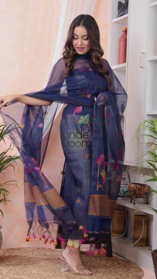 Handwoven Jamdani Muslin Unstitched 2-piece Kurti  |  Sapphire Blue