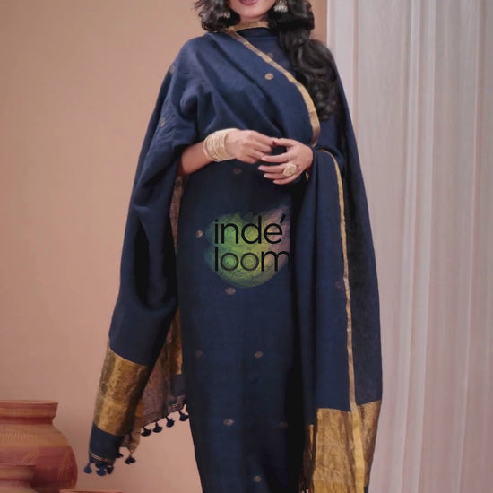 Midnight Blue | Handloom Jamdani Linen Unstitched 2-Piece Kurti