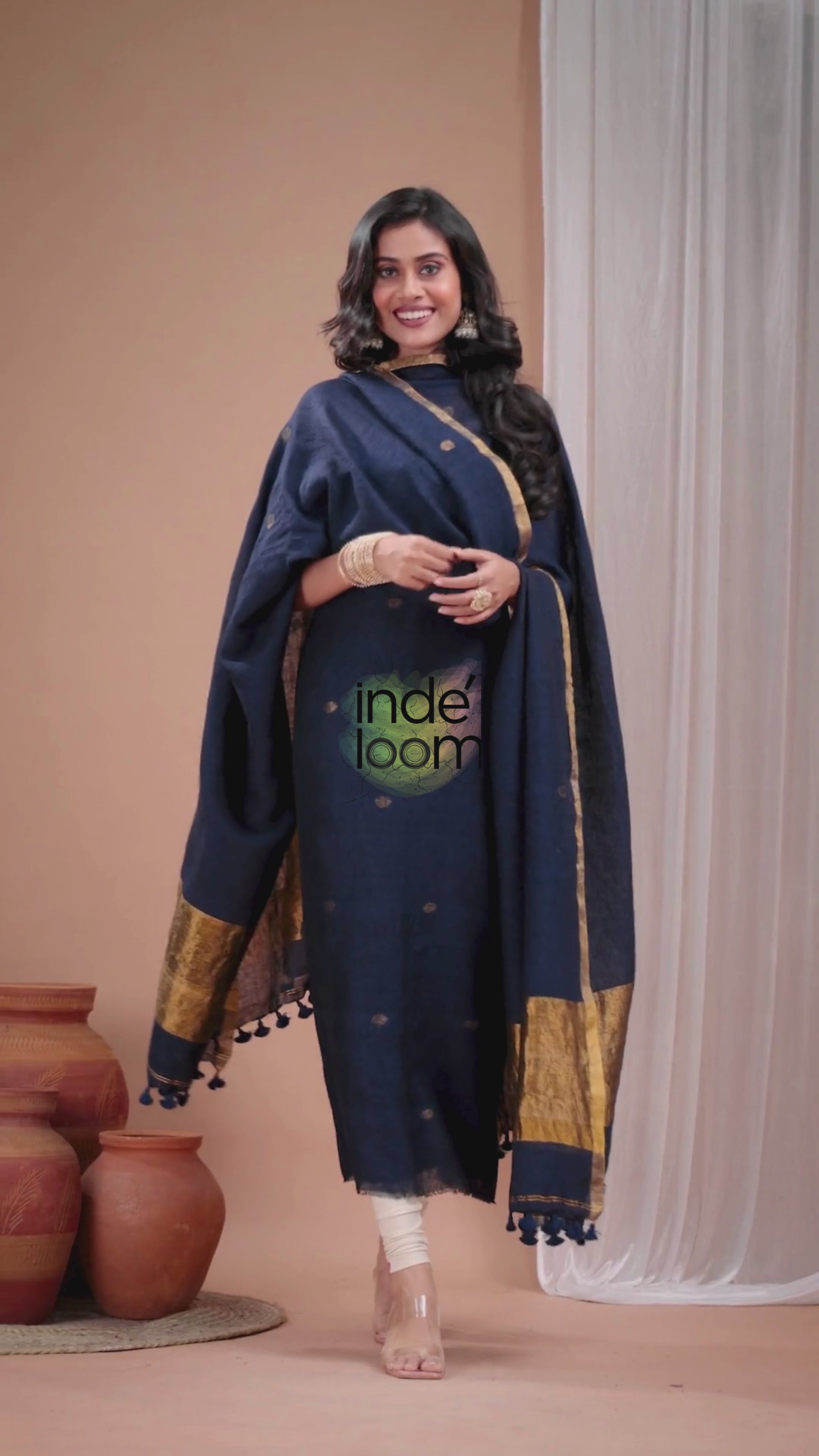 Midnight Blue | Handloom Jamdani Linen Unstitched 2-Piece Kurti