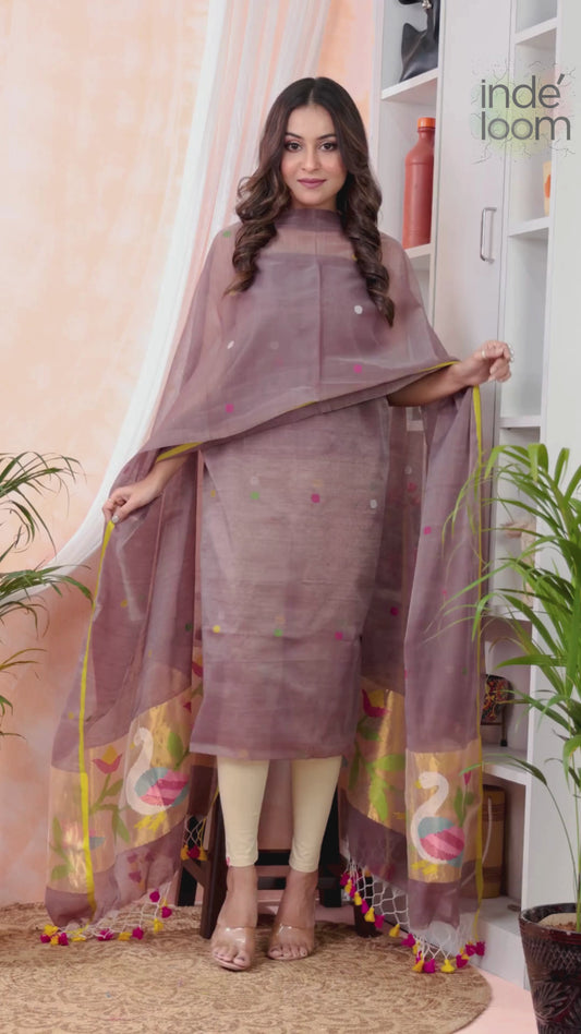 Vintage Mauve | Handloom Jamdani Muslin Unstitched 2-Piece Kurti | Paithani Design
