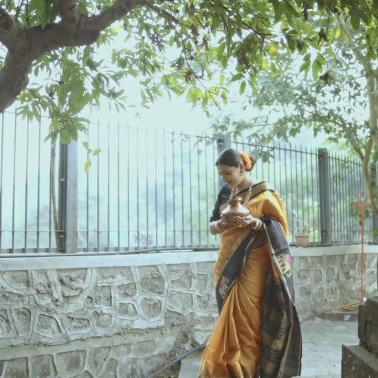Pure Handloom Korvai Saree | Honey Yellow and Coal Black