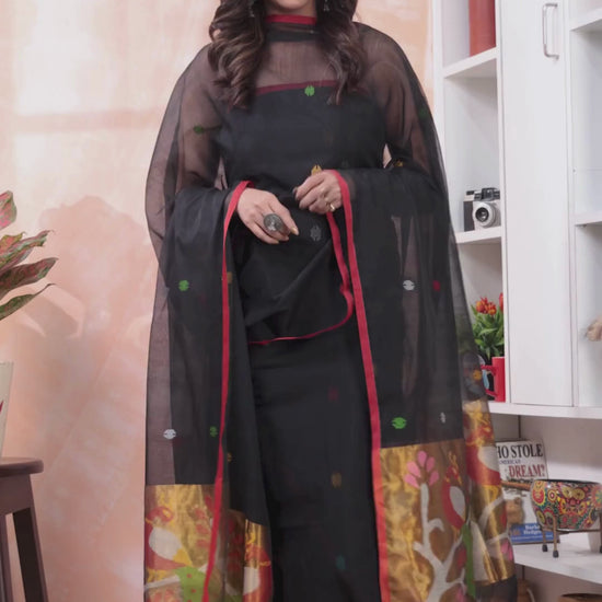 Deep Black | Handloom Jamdani Muslin Unstitched 2-Piece Kurti