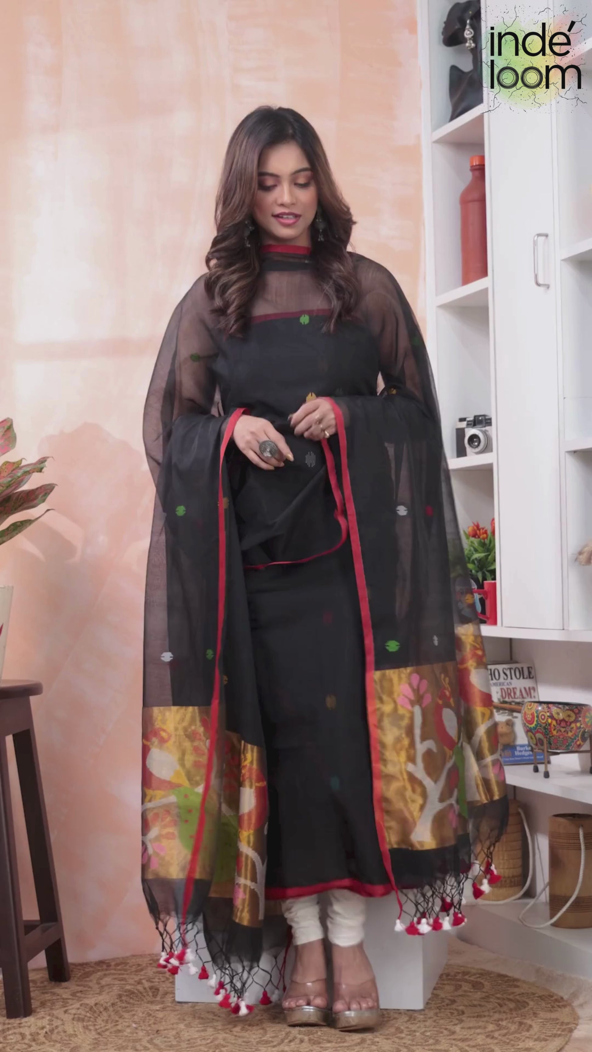 Deep Black | Handloom Jamdani Muslin Unstitched 2-Piece Kurti