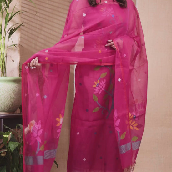 Cerise Pink | Handloom Jamdani Muslin Unstitched 2-Piece Kurti | Classic Design