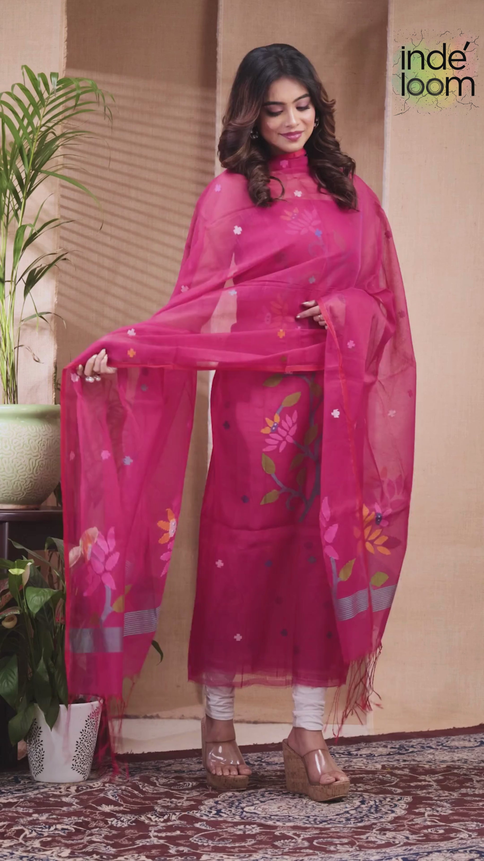 Cerise Pink | Handloom Jamdani Muslin Unstitched 2-Piece Kurti | Classic Design
