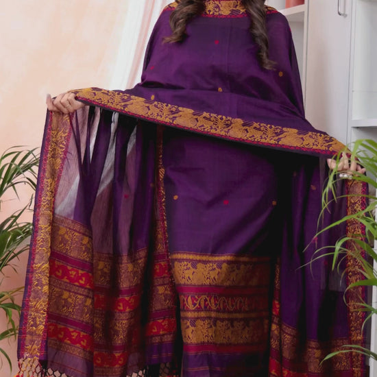 Royal Plum | Handloom Jamdani Muslin Unstitched 2-Piece Kurti | Baluchari Design