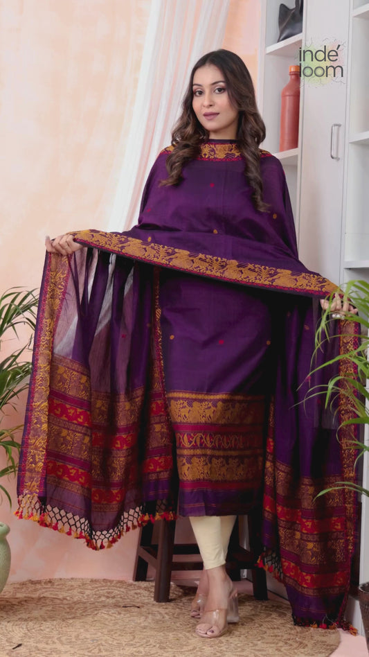 Royal Plum | Handloom Jamdani Muslin Unstitched 2-Piece Kurti | Baluchari Design