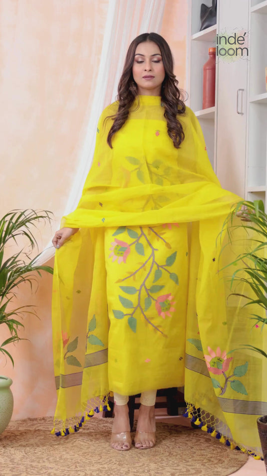 Sunflower Yellow | Handloom Jamdani Muslin Unstitched 2-Piece Kurti