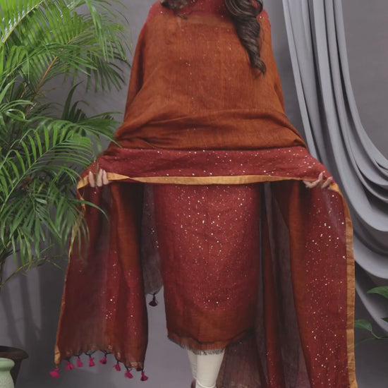 Brick Orange | Handloom Jamdani Linen Unstitched 2-Piece Kurti
