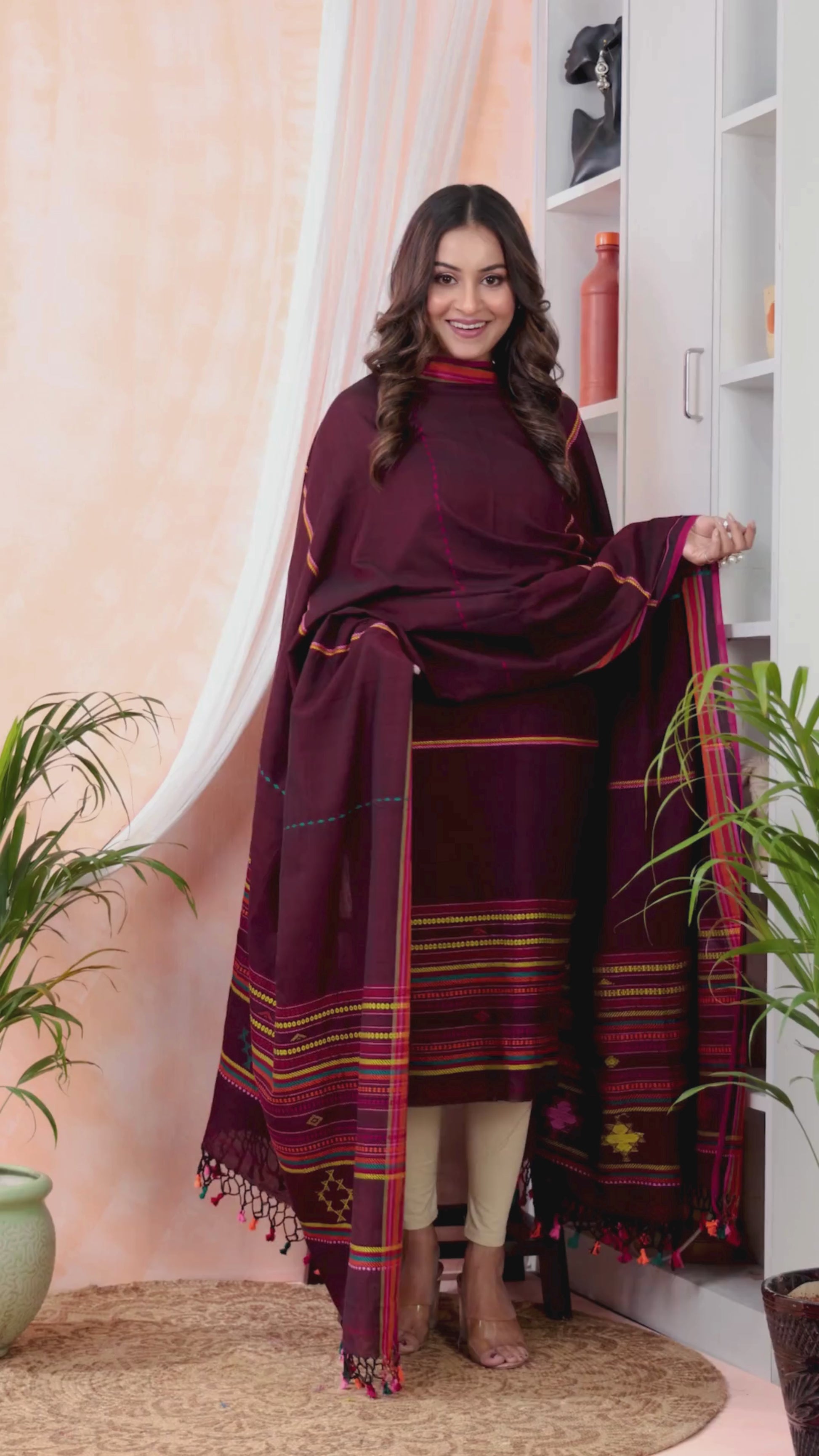 Brick Wine | Handloom Jamdani Muslin Unstitched 2-Piece Kurti | Bhujodi Design