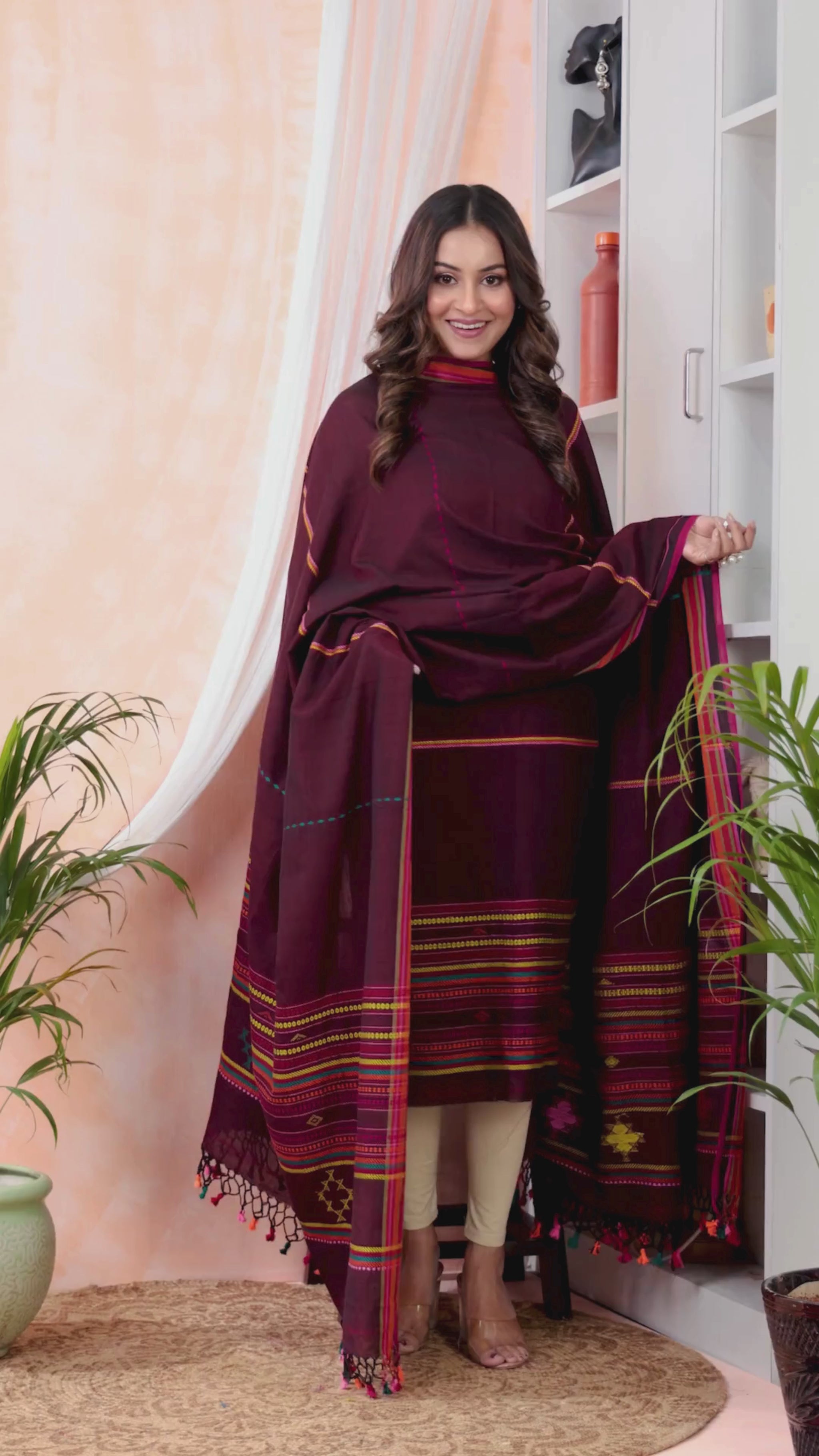 Brick Wine | Handloom Jamdani Muslin Unstitched 2-Piece Kurti | Bhujodi Design