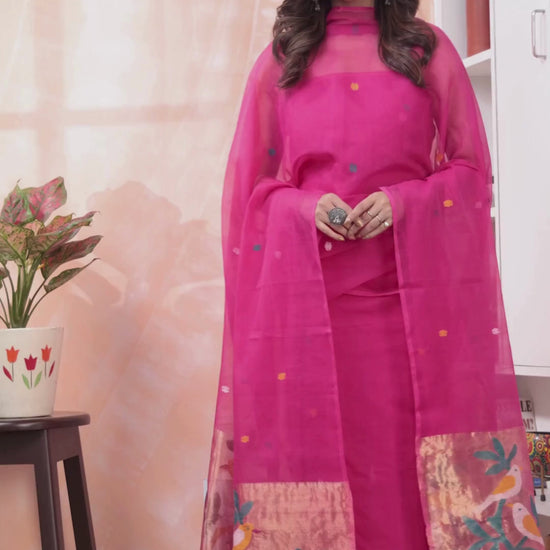 Hot Magenta | Handloom Jamdani Muslin Unstitched 2-Piece Kurti | Paithani Design