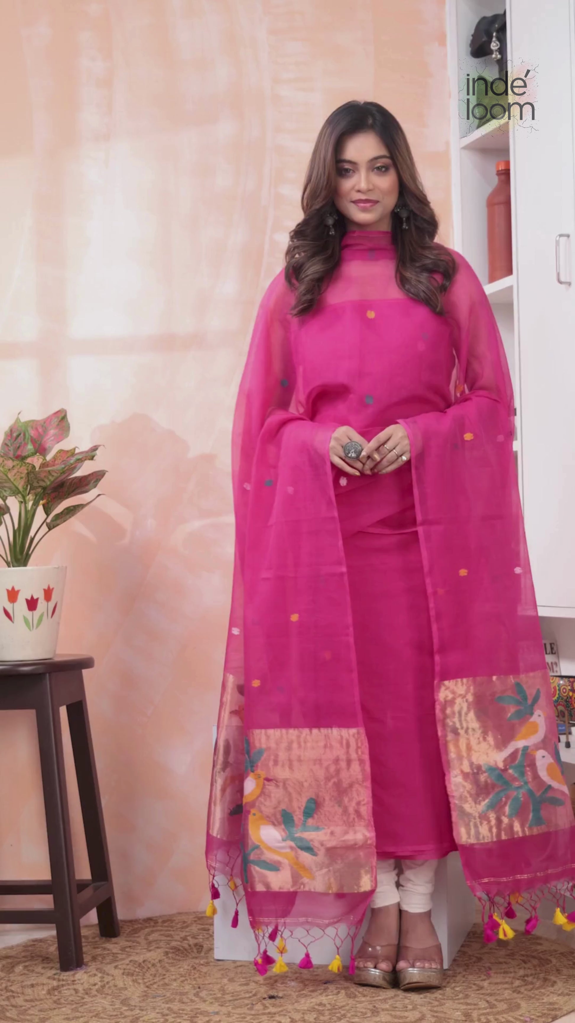 Hot Magenta | Handloom Jamdani Muslin Unstitched 2-Piece Kurti | Paithani Design