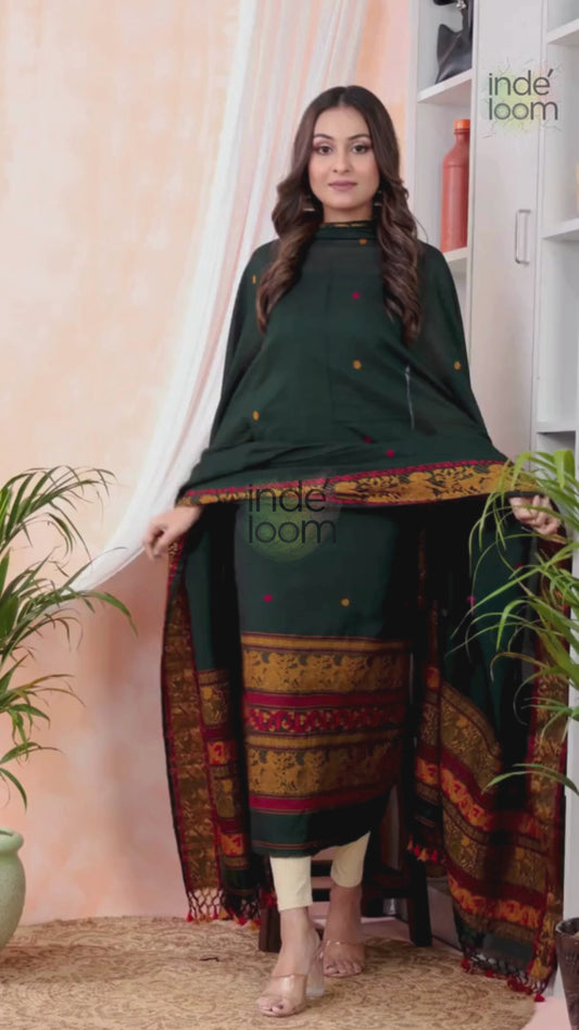 Olive Green | Handloom Jamdani Muslin Unstitched 2-Piece Kurti | Baluchari Design