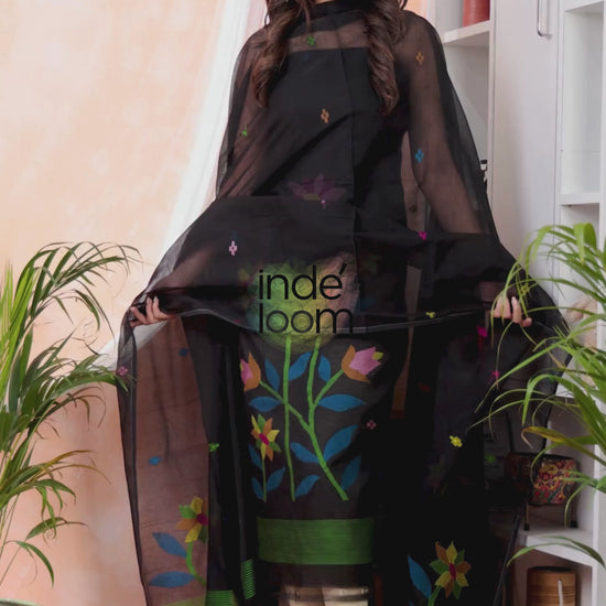 Deep Black | Handloom Jamdani Muslin Unstitched 2-Piece Kurti