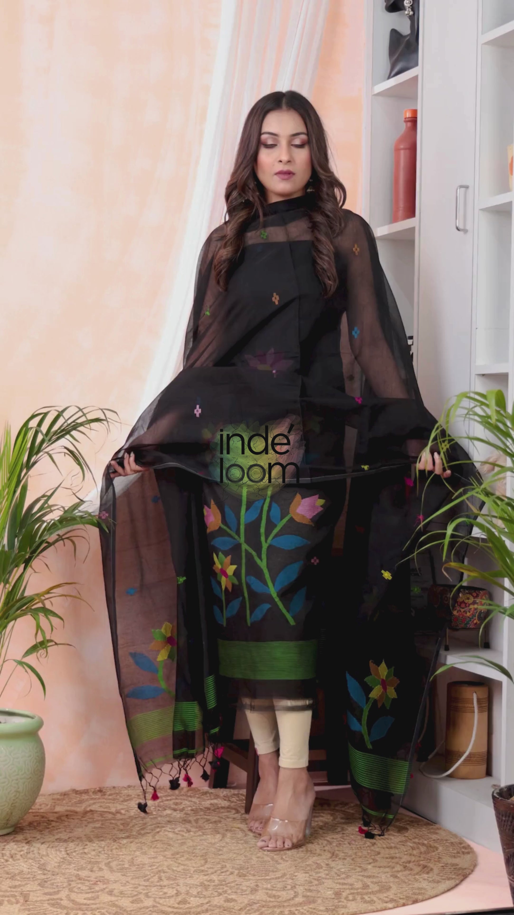 Deep Black | Handloom Jamdani Muslin Unstitched 2-Piece Kurti