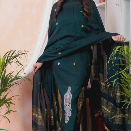 Deep Sea Green | Handloom Jamdani Linen Unstitched 2-Piece Kurti | Baluchari Design