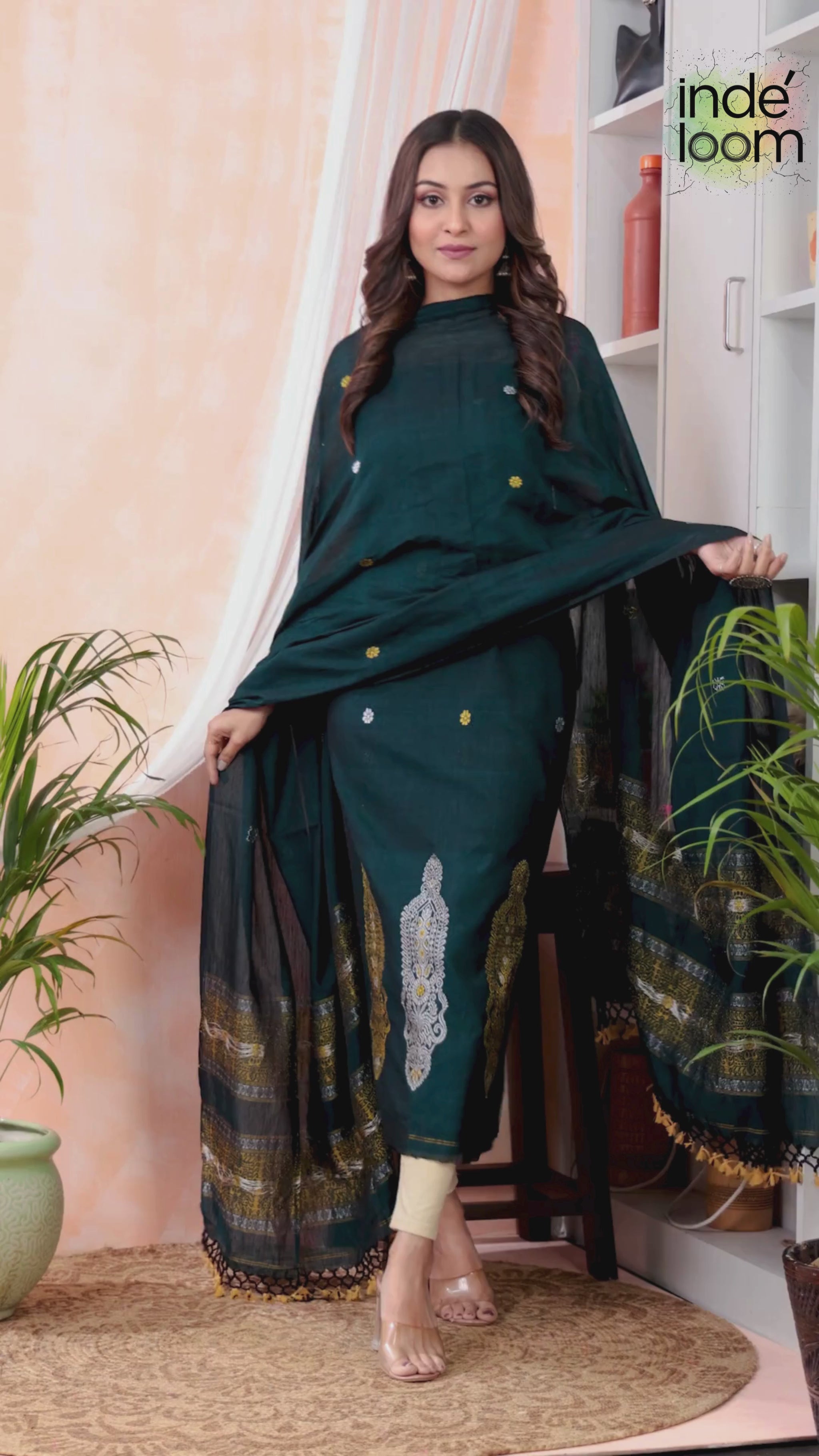 Deep Sea Green | Handloom Jamdani Linen Unstitched 2-Piece Kurti | Baluchari Design