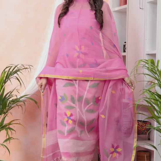 Fuchsia Pink | Handloom Jamdani Muslin Unstitched 2-Piece Kurti