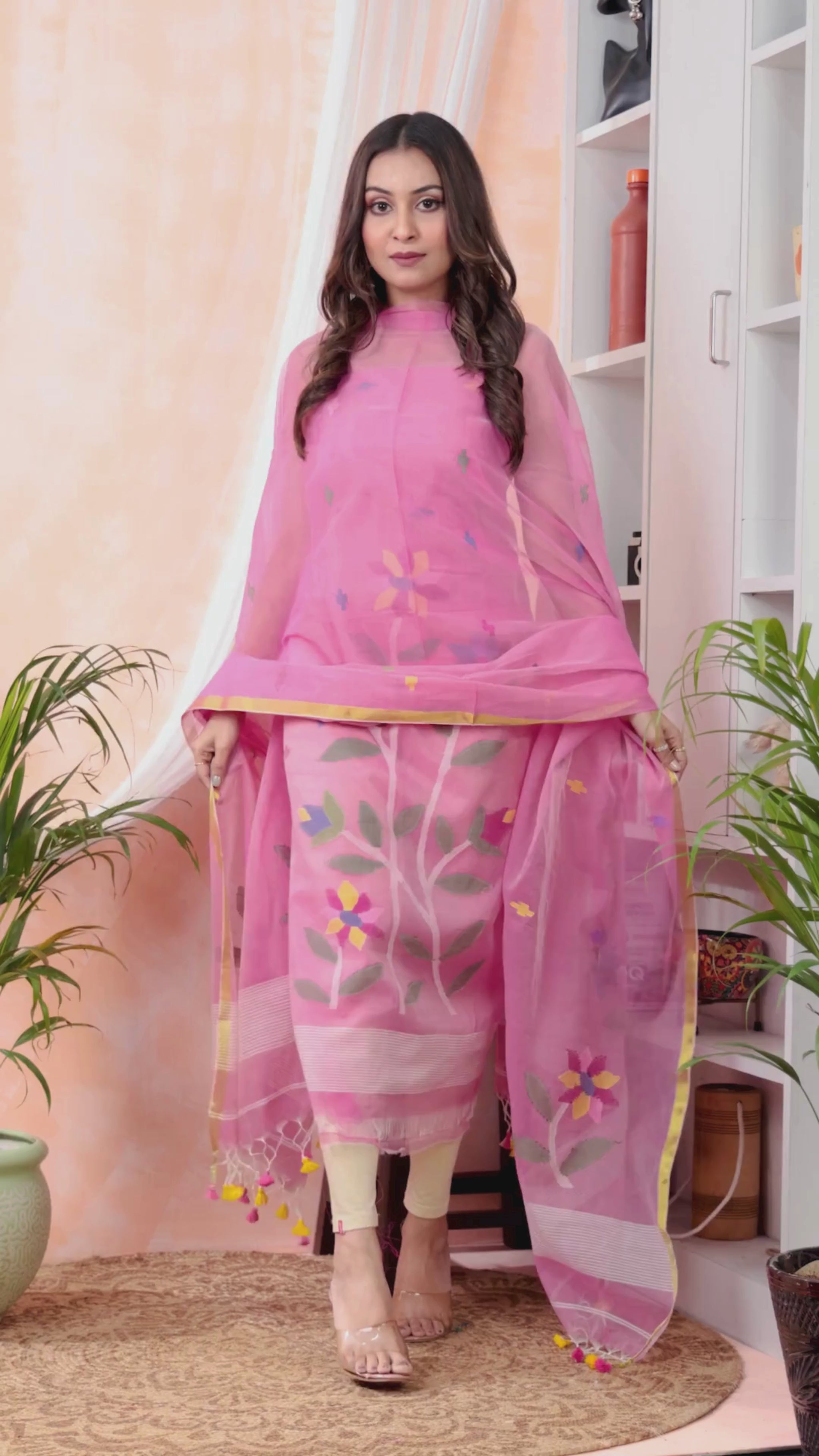 Fuchsia Pink | Handloom Jamdani Muslin Unstitched 2-Piece Kurti