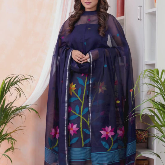 Navy Blue | Handloom Jamdani Muslin Unstitched 2-Piece Kurti